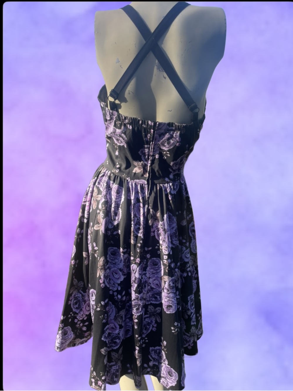 Pinup Couture Black Midi Swing Dress with Purple Rose Print - Picture 3 of 12